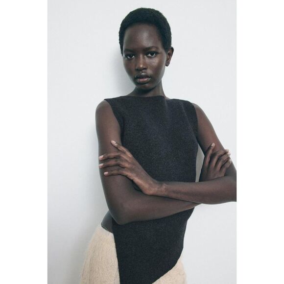 Gray Zara Side Ruched Asymmetrical Hem Ribbed Knit Sleeveless Sweater Top (NWT) - Picture 5 of 8